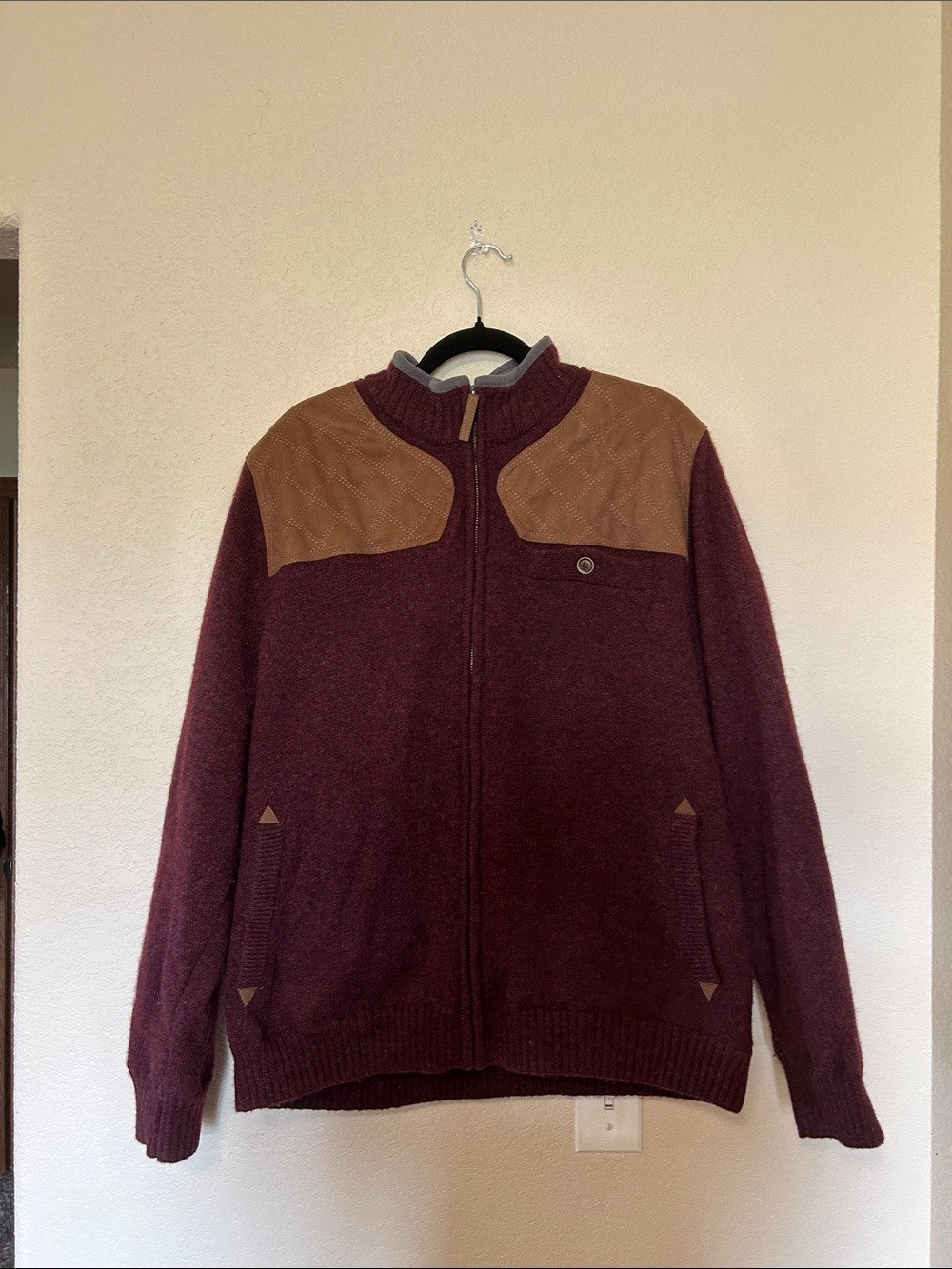 Duluth Trading Co Men’s Shetland Wool Windproof Zip Sweater XL Burgundy Leather